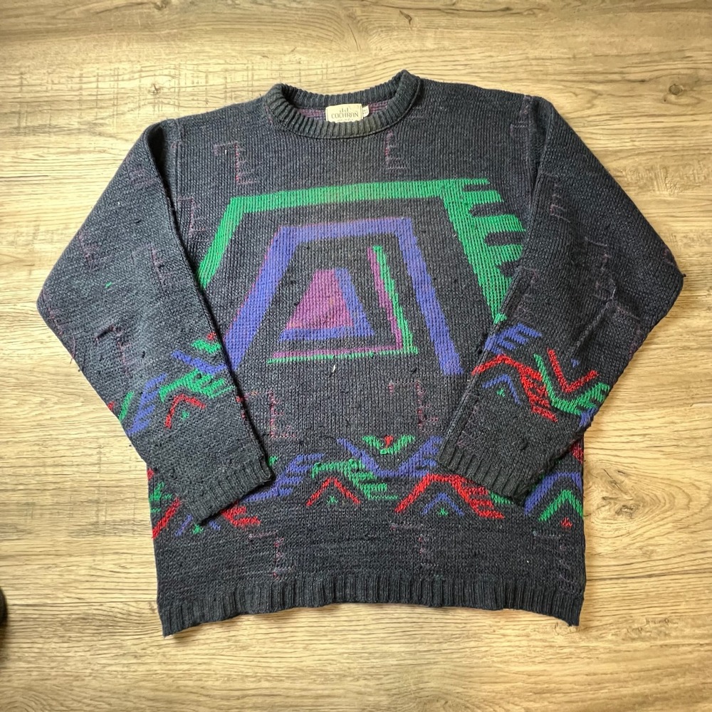 J.J. Cochran Sweater Mens Large Navy Blue Geometric Abstract Vintage 90s USA